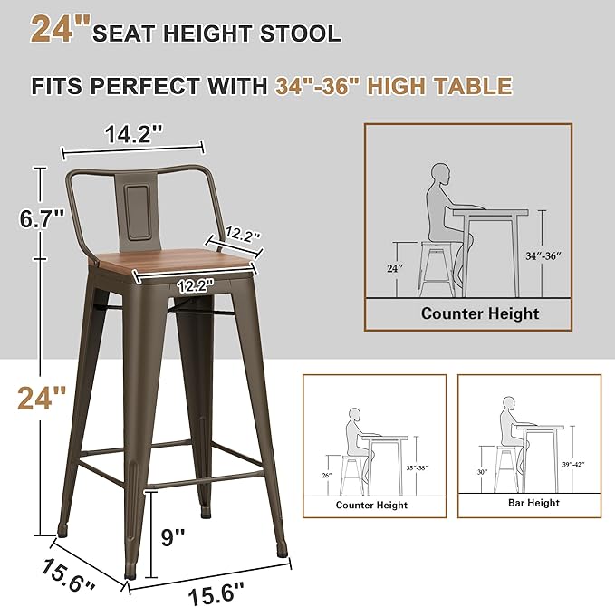 24 Inch Swivel Bar Stools Set of 4 with Backs Counter Height Industrial Metal Barstools Island Bar Chairs for Home Kitchen Dining Room (Swivel 24 inch,Rusty Wooden)