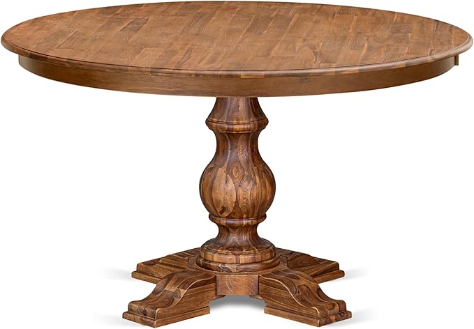 F55-0N-TP - Mid Century Modern Dining Table with Acacia Wood Round Tabletop, Antique Walnut Finish