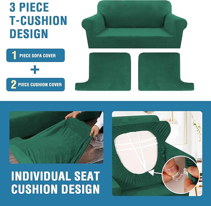 H.VERSAILTEX Sofa Cover 3 Piece T Cushion Loveseat Slipcovers Thick Velvet Couch Cover Stretch T Cushion Sofa Covers for 2 Cushion Couch with 2 Individual T Cushion Covers, Vintage Green