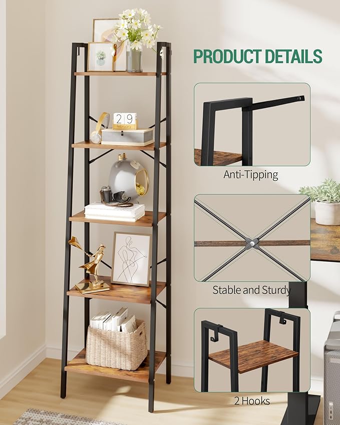 Ladder Shelf, Bookshelf Bookcase, Freestanding Corner Storage Shelve with 2 Hooks for Home Office, Living Room, Kitchen, Bedroom, Industrial, 5-Tier Rustic Brown BC19201B