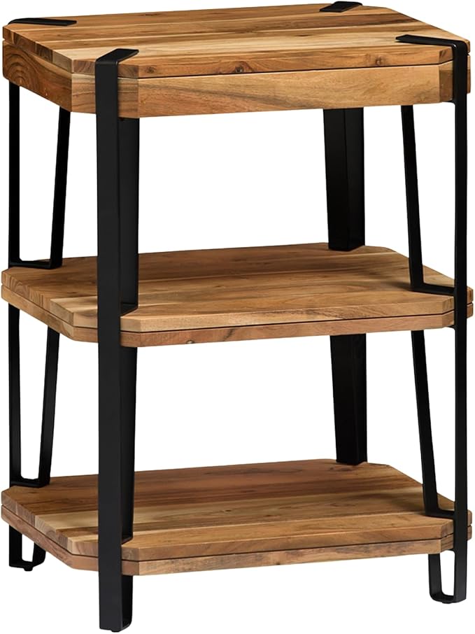 Ryegate 3-Tier End Table with Storage “ Live Edge Solid Acacia Wood Side Table with Industrial Metal Frame and 2 Open Lower Shelves for Living Room, Bedroom, Entryway by Alaterre Furniture