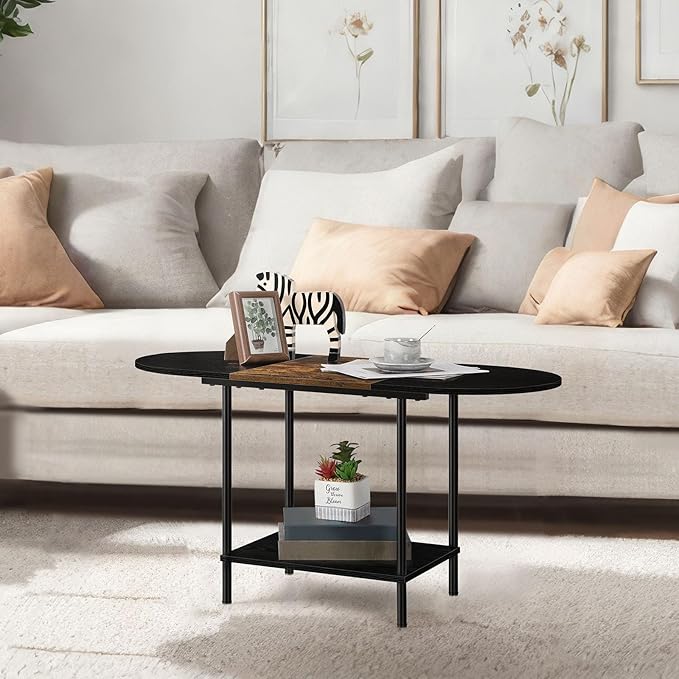 ETELI Small Black Coffee Table Oval Center Table with Storage and Open Shelf Round Coffee Tea Table for Small Space Living Room Home Office, Brown & Black