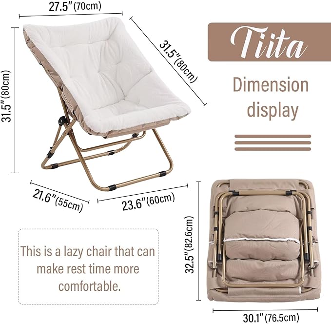Tiita Comfy Folded Chair, Soft Faux Fur Oversized Folding Accent Chair, Lounge Lazy Chair for Kids Teens Adults, Metal Frame Moon Chair for Bedroom, Living Room, Dorm Rooms
