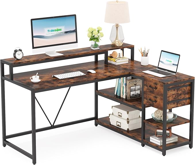 Tribesigns Reversible L Shaped Desk with Drawer, Brown Corner Desk with Storage Shelves and Monitor Stand, Writing Table for for Small Space (Rustic)