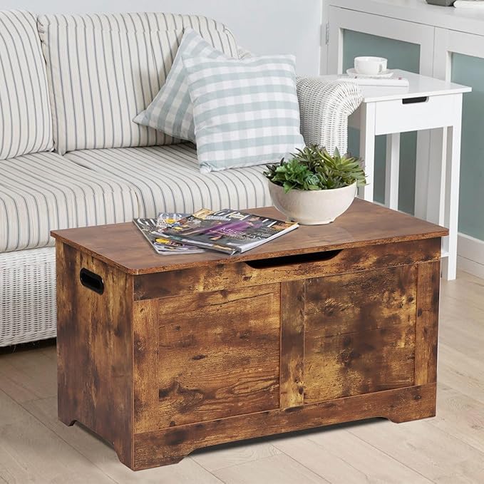 31.5" Storage Chest, Wooden Storage Bench, Lift Top Toy Chest with 2 Safety Hinges, Large Toy Box, Entryway Shoes Bench for Living Room, Bedroom, Rustic Brown