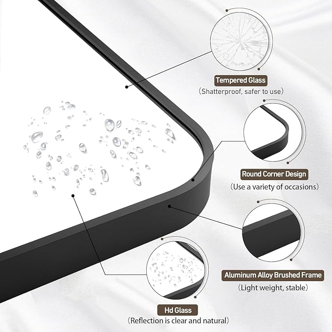 Black Bathroom Mirror, 30x36 Inch Matte Black Mirror, Aluminum Alloy Framed Vanity Mirror, Rounded Rectangle Bathroom Mirror for Over Sink, Anti-Rust Wall Mirror (Horizontally or Vertically)