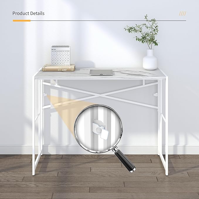 Folding Computer Desk 40 inch Writing Gaming Computer Camping Desk, No Assembly Required Home Office Table, White Marble
