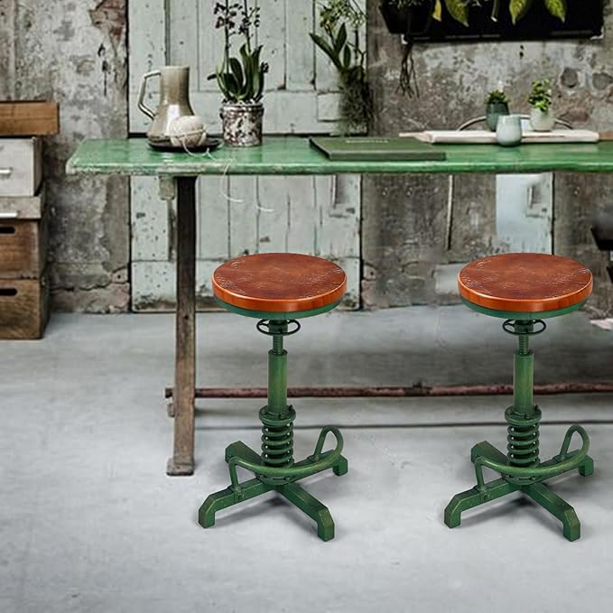 Topower Industrial Retro Vintage Farm Wooden Seat Tractor Stool Kitchen Swivel Height Adjustable bar Stool Antique Green