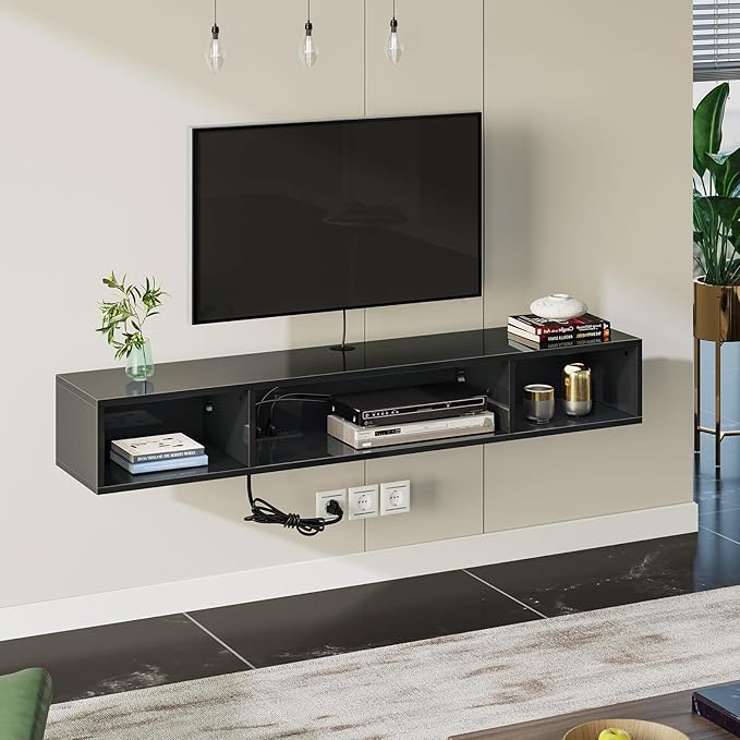 Rolanstar TV Stand with Power Outlet, Floating TV Stand with RGB Lights, 55.1" Wall Mounted TV Shelf, Glossy Black Media Console with Storage Shelf, Entertainment Under TV for Living Room, Bedroom