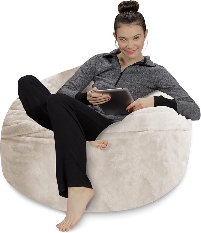 Sofa Sack Bean Bag Chair - Plush, Ultra Soft - Memory Foam Bean Bag Chair with Faux Rabbit Fur Cover - Stuffed Foam Filled Furniture and Accessories for Dorm Room 3 Feet - Cream