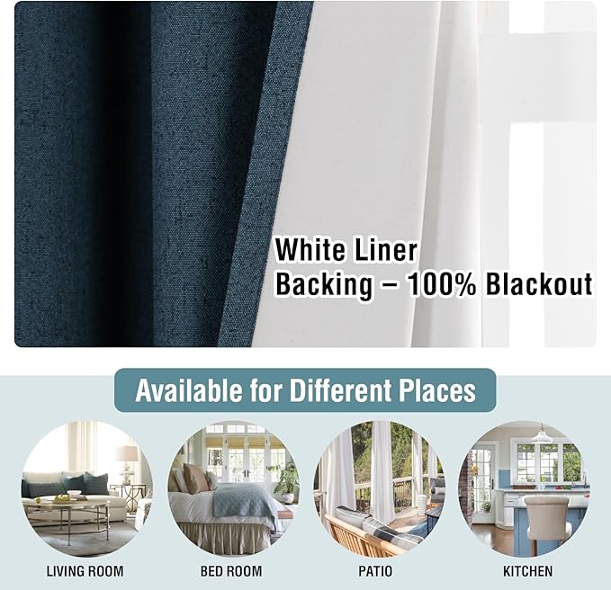 H.VERSAILTEX Primitive Linen Blackout Curtains with Burlap Fabric and White Thermal Insulated Liner, Grommet Top Curtains for Living Room/Bedroom (2 Panels, 42 x 54 Inch, Navy)