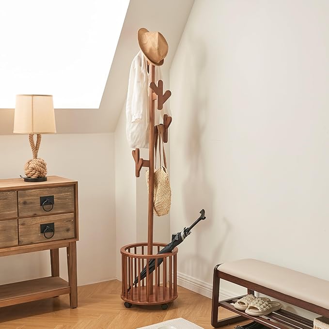 CozyDH Solid Wood Coat Rack Freestanding with Lockable 360° Rotary Casters, Coat Tree Stand with Umbrella Holder & Laundry Basket Storage & 12 Hooks, Walnut