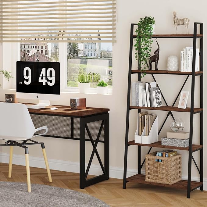 BON AUGURE Ladder Shelf Bookcase, 5-Tier Industrial Ladder Bookshelf, Tall Living Room Shelves, Wood and Metal Leaning Shelf for Home Office, Kitchen, Bedroom, Balcony (Rustic Oak)