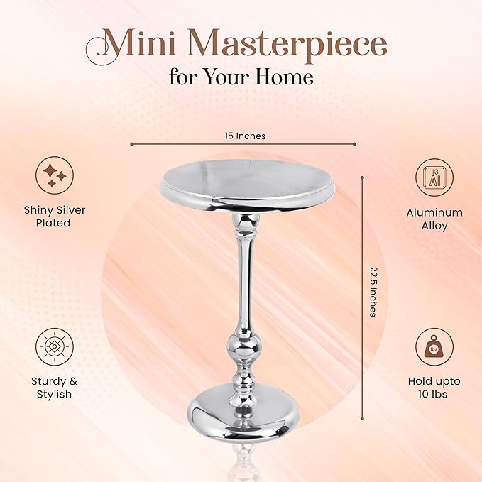 CLEENTABLE Pedestal Round Side Table- Lightweight Metal Table for Farmhouse,Indoor/Outdoor Nightstand for Living Room, Bedroom, Corners, Office - Modern Design, Easy Assembly 21" (Silver)