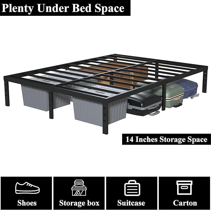 16 Inch California King Bed Frames No Box Spring Need, Platform Cal King Bed Frame with 14 Inch Storage, 3500 lbs Heavy Duty Metal Slats Support, Easy Assembly Mattress Foundation