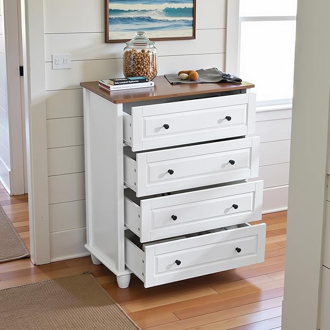 Farmhouse 4 Drawers Dresser for Bedroom, 29.1" Wide Wood Chest of Drawers with Metal Handle, Tall Storage Dressers Organizer for Bedroom, Living Room, Hallway, Ivory White