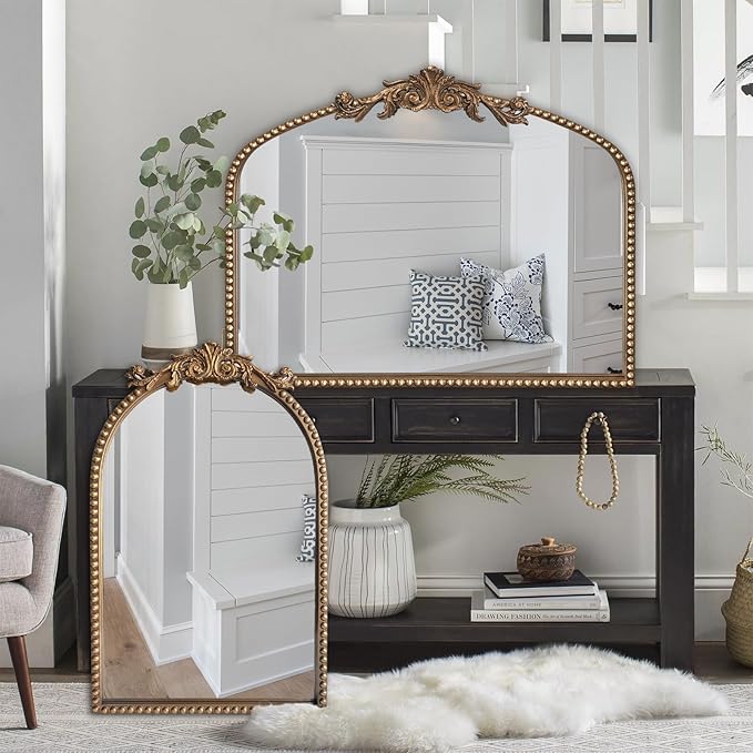 ironsmithn Gold Arched Mirror, 20"x32" Ornate Beaded Frame Mirror, Metal Decorative Accent Mirrors for Fireplace Bedroom Bathroom Living Room Entryway