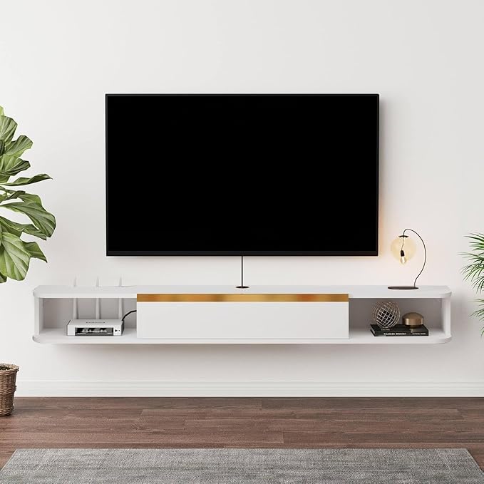 Floating TV Stand, 47'' Wall Mounted Entertainment Center TV Media Console, Floating Shelves with Door, Floating TV Cabinet Large Storage TV Bench for Living Room (White, 47.63IN)