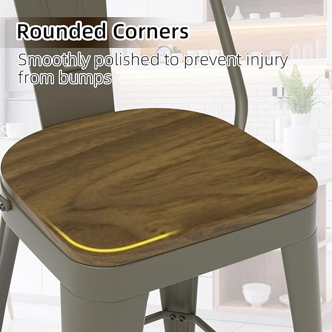 Metal Bar Stools Set of 4, High Back Bar Stools with Wooden Seat, 30 inch Rusty Barstools for Kitchen Island