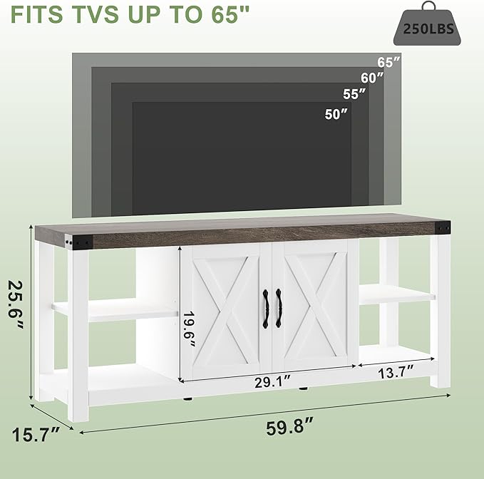 TV Stand for 65 Inch TV, 60 Inch Entertainment Center with Storage, Farmhouse TV Console Table with Shelves, Wooden Media Console Cabinet with Doors, Modern TV Stand for Living Room, Bedroom - White