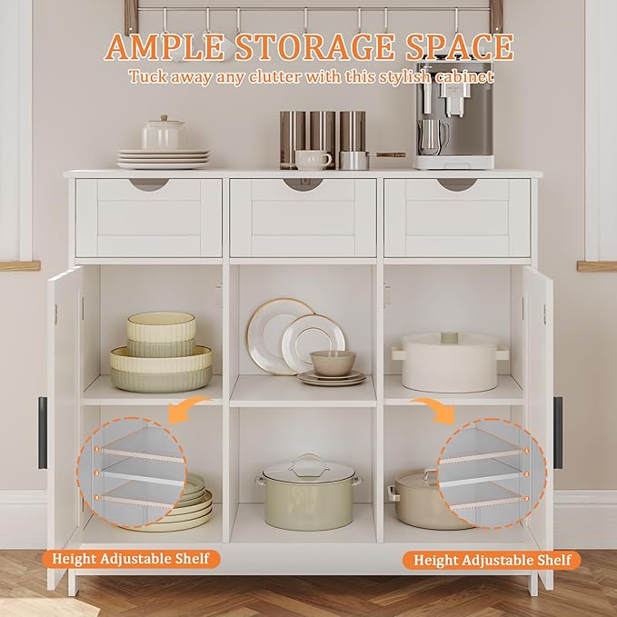 Storage Cabinet, Coffee Bar Cabinet with 2 Adjustable Shelves, 3 Drawers, and 2 Doors, for Bathroom, Kitchen, Living Room (White)
