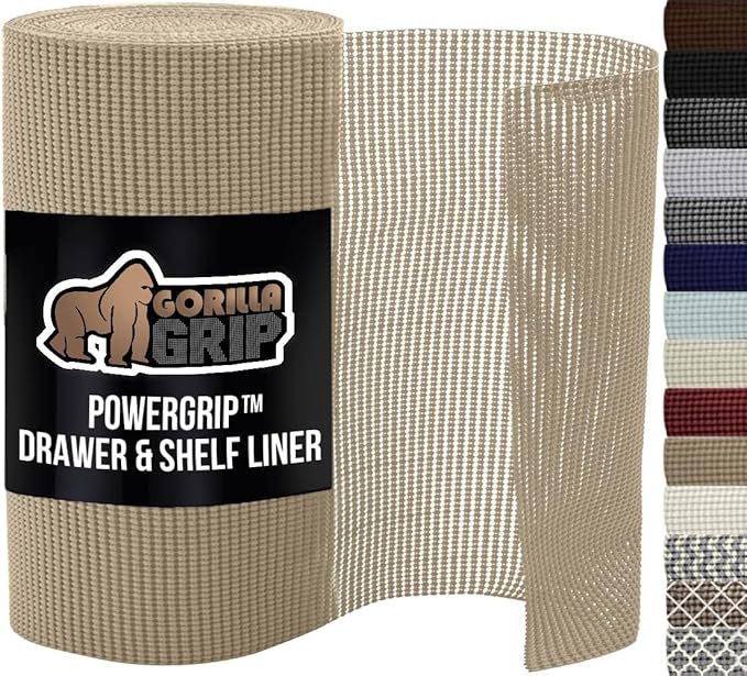 GORILLA GRIP powerGRIP Drawer Shelf and Cabinet Liner, Thick Strong Hold, Non-Adhesive Liners Protect Kitchen Cabinets and Cupboard, Bathroom Drawers, Easy Install, Breathable Mat, 12" x30', Beige