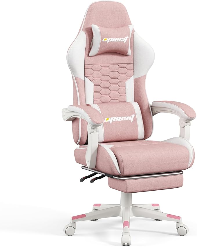 Gaming Chair, Computer Chairs for Adults with Lumbar Support and Massager, Comfortable Gamer Chair with Footrest & Pocket Spring Cushion, Ergonomic Home Office Chair, Pink, Fabric