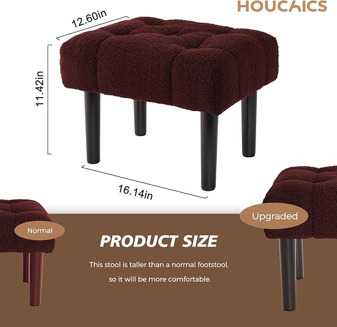 HOUCHICS Fur Padded Foot Stool, Small Ottoman Foot Rest with Wooden Legs,Modern Rectangle Chair Foot Rest Foot Step Stool for Living Room, Couch, Desk（Wine Red