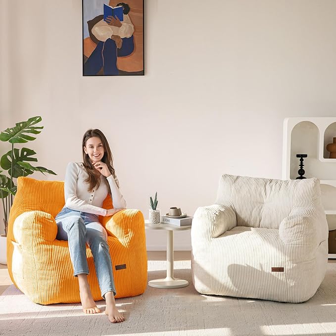MAXYOYO Bean Bag Chair, Tufted Bean Bag Couch Lazy Chair, Living Room Sofa Couch with Filler for Adult Teens Kids, Corded Fabric Accent Sofa for Bedroom Dorm, Orange