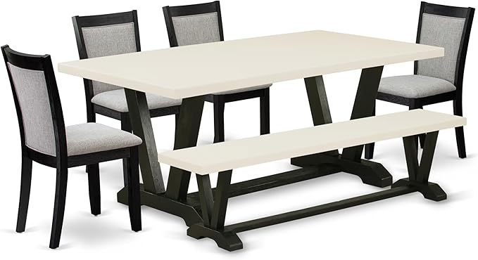 East West Furniture V627MZ606-6 6 Piece Dining Set Contains a Rectangle Dining Room Table with V-Legs and 4 Shitake Linen Fabric Parson Chairs with a Bench, 40x72 Inch, Multi-Color