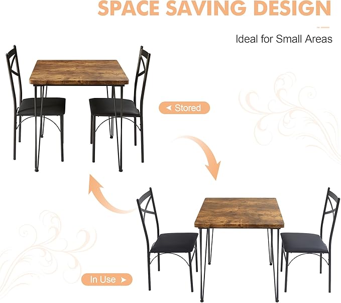 VECELO 3-Piece Dining Room Kitchen Table and Pu Cushion Chair Sets for Small Space, 2, Classic Brown,Dining Set for 2