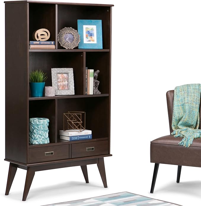 SIMPLIHOME Draper Bookcase - 64 inch Tall Solid Hardwood Wide Storage Bookshelf in Medium Auburn Brown, Mid-Century Modern Storage for Living Room or Office with Adjustable Shelves and Tapered Legs