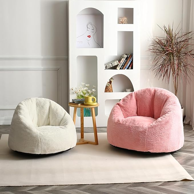 N&V Medium Shell Bean Bag Chair, Adult Size Bean Bag Sack, Foam Filling, Includes Removable and Machine Washable Cover, 37in, Soft Faux Fur, Pink