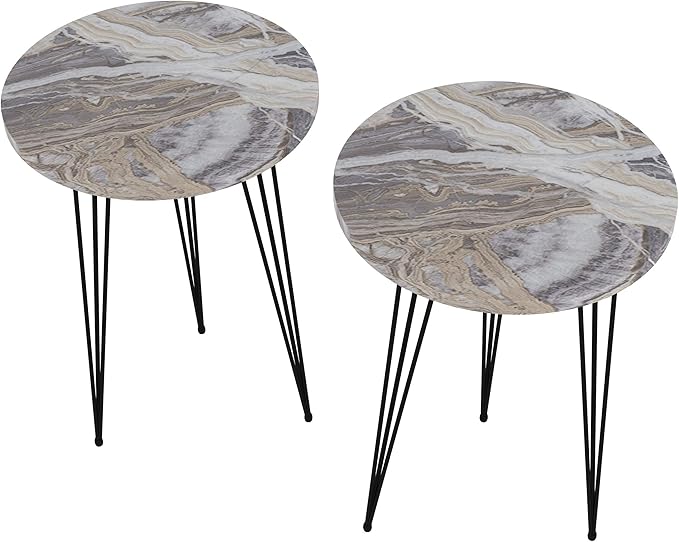 PAK HOME Set of 2 End Tables Round Wood Sofa Side Coffee Tables for Small Spaces, Nightstand Bedside Table with Metal Legs for Bedroom, Living Room, Office, Balcony (Grey Marble)