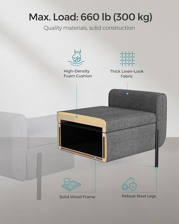 SONGMICS Storage Bench with Armrests, Ottoman for Living Room, Bedroom, Entryway, Steel Legs, Dark Gray ULOM072G01