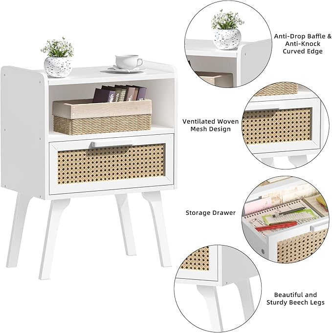 Lerliuo Rattan Nightstands Set of 2, Bedside Table with Drawer Open Shelf, Cane Accent Side End Table with Solid Wood Legs, White Mid Century Night Stand for Bedroom, Dorm and Small Spaces