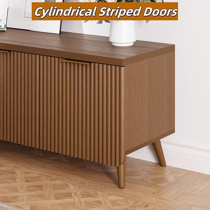TV Stand for Living Room, Fluted Television Cabinet with 4 Stripe Doors, Modern Entertainment Center for 55/60/65 inch TV, Media Console with Wooden Legs & Metal Handles, Walnut