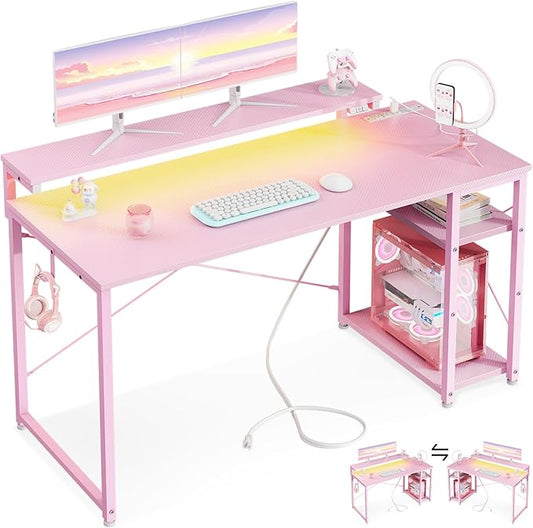 MOTPK 48 Inch Gaming Desk with Storage & Led Lights, Computer Desk with Power Outlet & Shelf, Reversible Gamer Desk with Adjustable Monitor Stand, Carbon Fiber Texture Pink