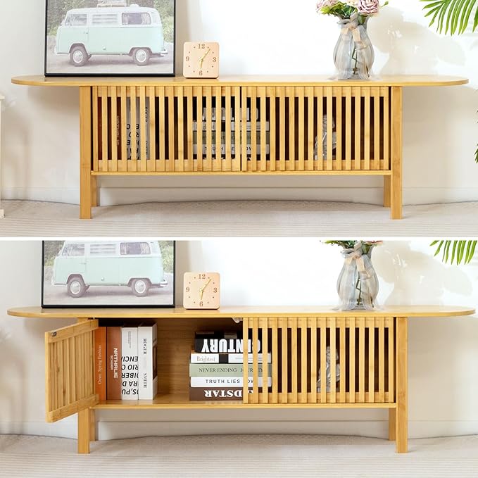 HollyHOME Bamboo TV Stand with Storage for TVs up to 65", Modern Entertainment Center with Fence Door, Accent TV Table with 2 Shelf, Media Console TV Stand for Living Room, Bedroom, Burlywood