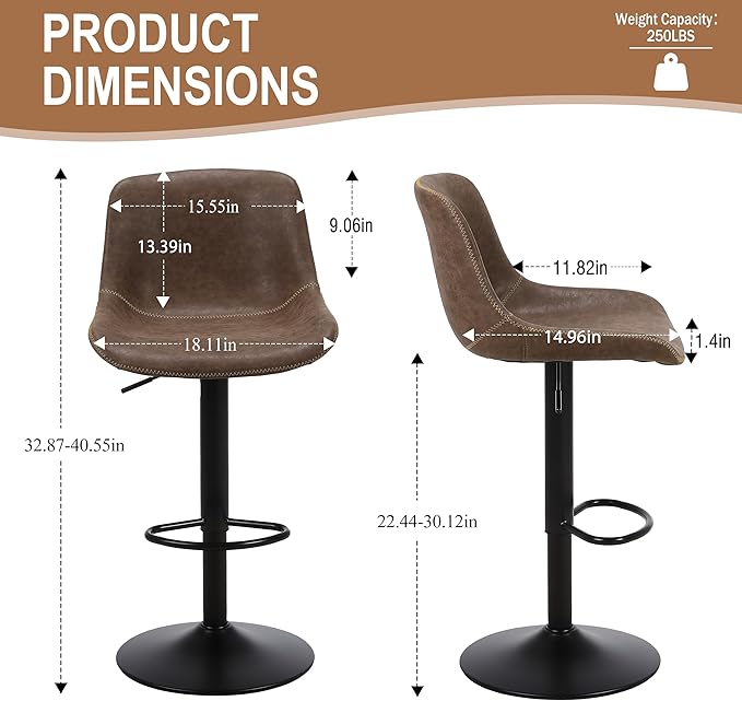 Bar Stools Set of 2, Swivel Counter Height Barstools with Back, Adjustable Modern Bar Chairs, Tall Armless PU Leather Kitchen Island Stool, Brown