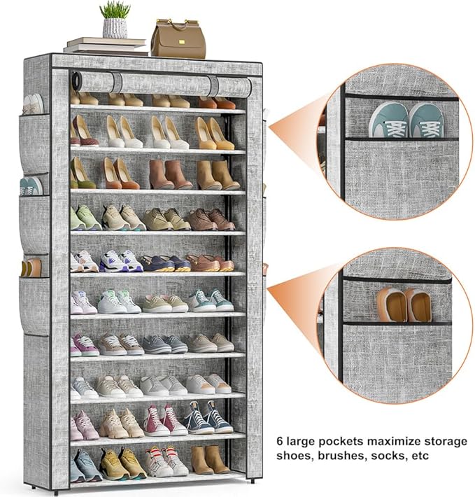 Shoe Rack 10Tier Large Capacity 50-56Pairs Beautiful Tall Shoe Shelf Free Standing Storage Cabinet Entryway Closet