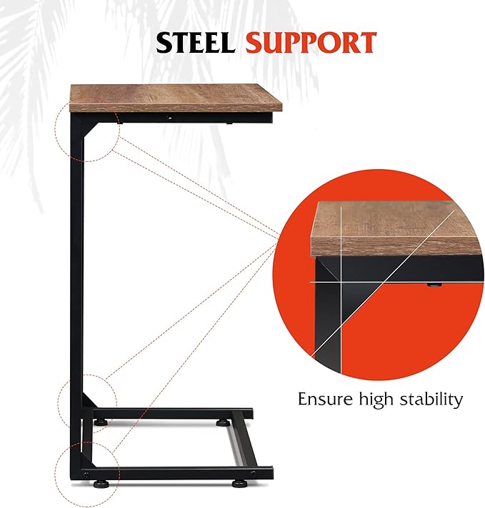 WLIVE Wide Snack Side Table, C Shaped End Table for Sofa Couch and Bed, Laptop Table, Work from Home, 26 Inch Tall, Light Brown