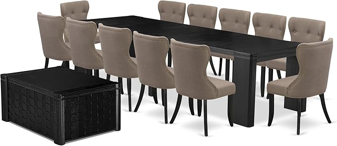 X12SI-0C6-48 - 14-piece Dining Room Table Set a Rectangular Dining Table with a coffee Table and 12 coffee Linen Fabric kitchen Chair, 39x120 Inch, Wire Brushed Black