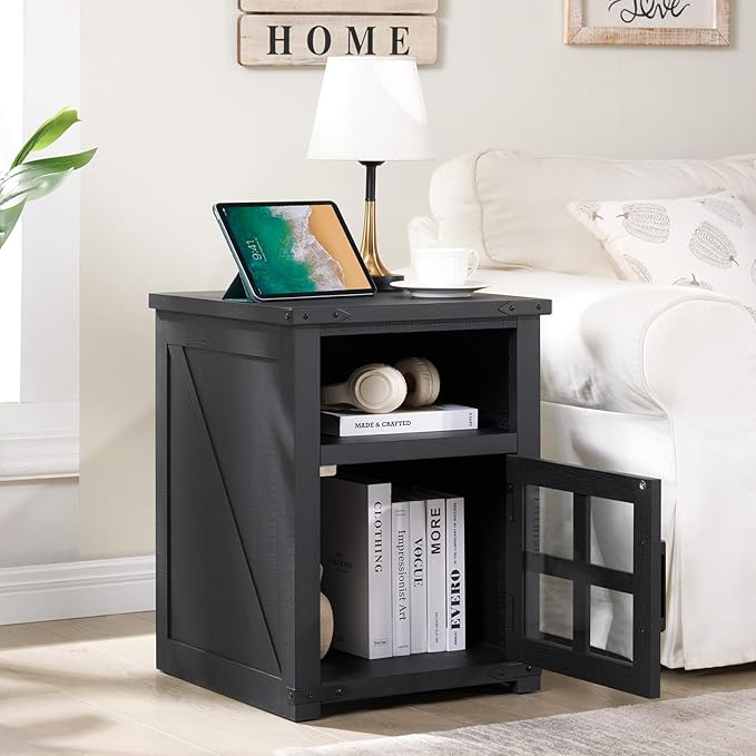 Farmhouse Nightstand with Charging Station, Rustic End Table with Tempered Glass Barn Door, Wood Sofa Side Bedside Table with Open Storage Shelf for Living Room, Bedroom (Black)
