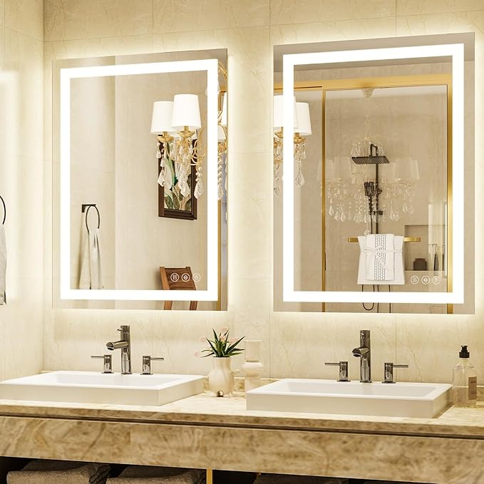 32'' x 24'' LED Bathroom Mirror with Lights, Wall Mirror with Front and Backlight, 3 Colors Vanity Mirror with Lights, Anti-Fog Wall Mirror for Bathroom