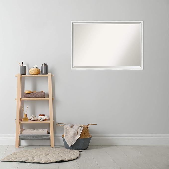 Amanti Art White Bathroom Mirror for Over Sink, 25x37 Breeze Distressed White Rectangle Vanity Mirror, Large Country Rustic Wood Frame, Hangs Horizonally and Vertically, Bathroom Wall Decor, Beveled