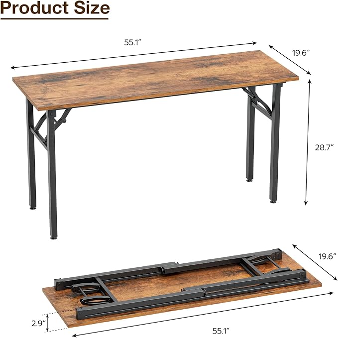TEMI Long Computer Desk Folding Table - 55.1" Foldable Office Desk, No Assembly, Perfect Writing Table for Bedroom, Dorm, or Apartment, Portable Large Desk or Study Table with Compact Design, Brown