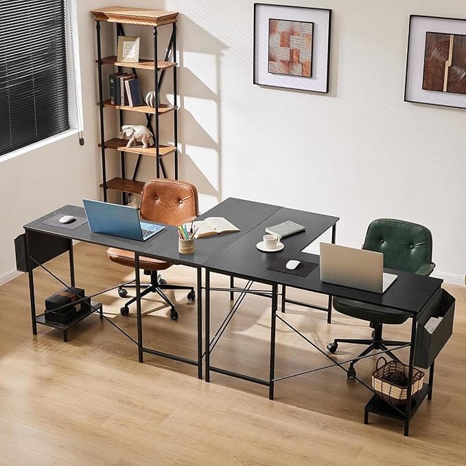 Whitmor L Shaped Gaming Desk - 50 Inch Reversible Corner Computer Desk with Wood Top, Metal Frame, CPU Stand & Side Bag, Home Office Dorm Sturdy Writing Workstation, Black