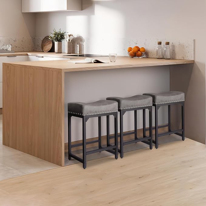Counter Height Bar Stools Set of 3, Stools for Kitchen Island Set of 3, 24 Inch Counter Stool Saddle Backless Barstools for Kitchen Counter -Grey