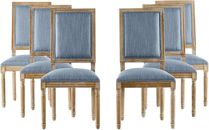 Merax Upholstered Solid Wood Dining Chairs Set of 6, French Country Style Accent Side Seating Furniture for Kitchen, Living Room, Cushioned Back, Slate Blue